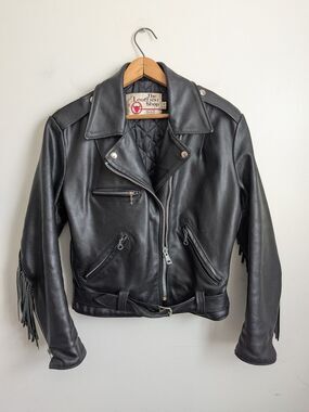 Vintage 60s Sears Black Leather Biker Moto Jacket Belted Fringe Womens S M Punk